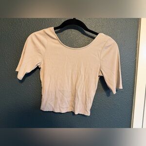 By Together Fitted Tan Short Sleeve Crop Blouse with Low Back